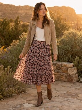 Sundance Women’s Floral Tiered Silk Midi Skirt Size 4 Black Coral